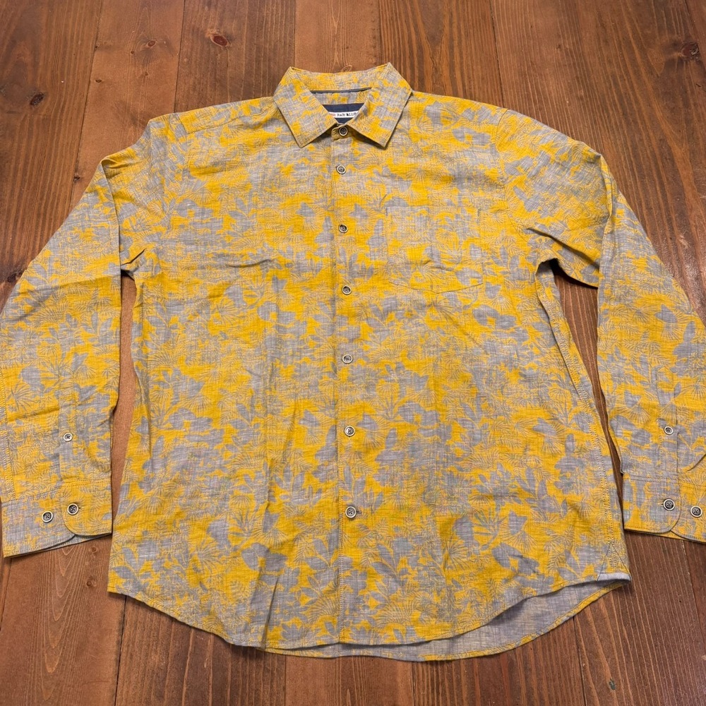 32 Bar Blues Floral Linen Shirt Large Gray Yellow Button Front